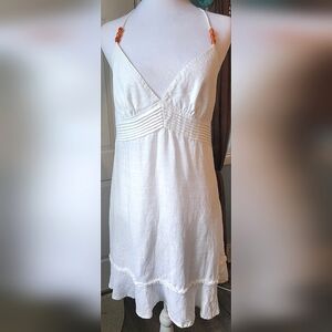 Guess Mini Halter Sundress Womens M White w/ Orange Empire Waist 100% Linen EUC